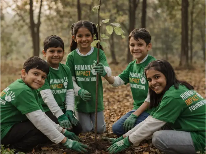 Children planting trees with HIF